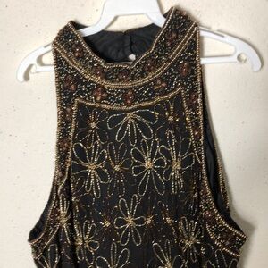 Papel Boutique Evening 100% Silk Heavily Black Gold Beaded Top Blouse 3X